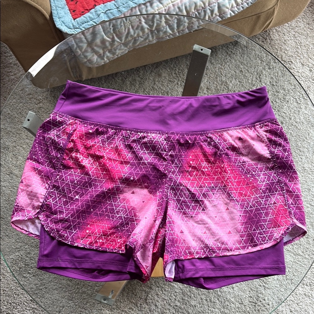 🌟DANSKIN NOW: Purple and Pink Athletic Two-Layer Running Shorts- Sz L